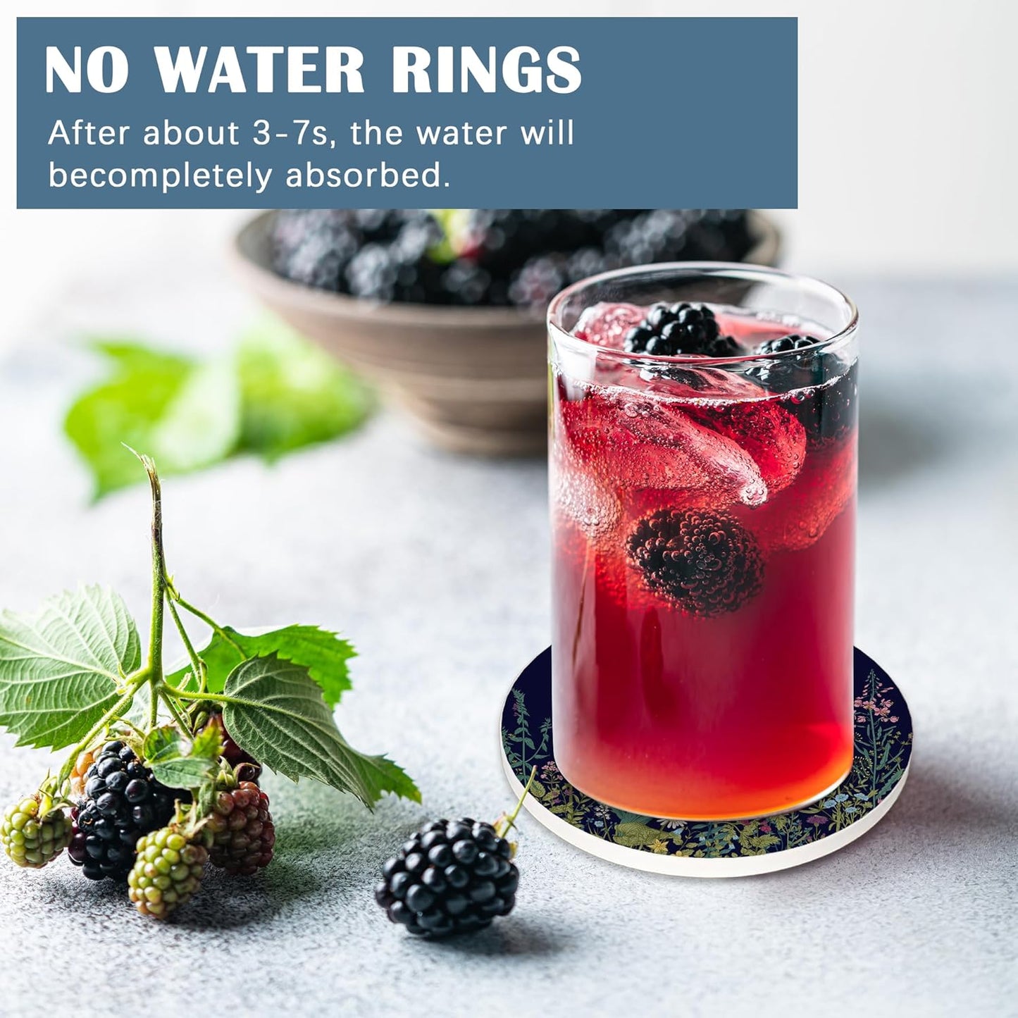 Coasters for Drinks, Set of 4 Absorbent Ceramic Coasters, Wild Flowers Herbs Botanical Design, Round Shape, Perfect for Coffee Table Protection