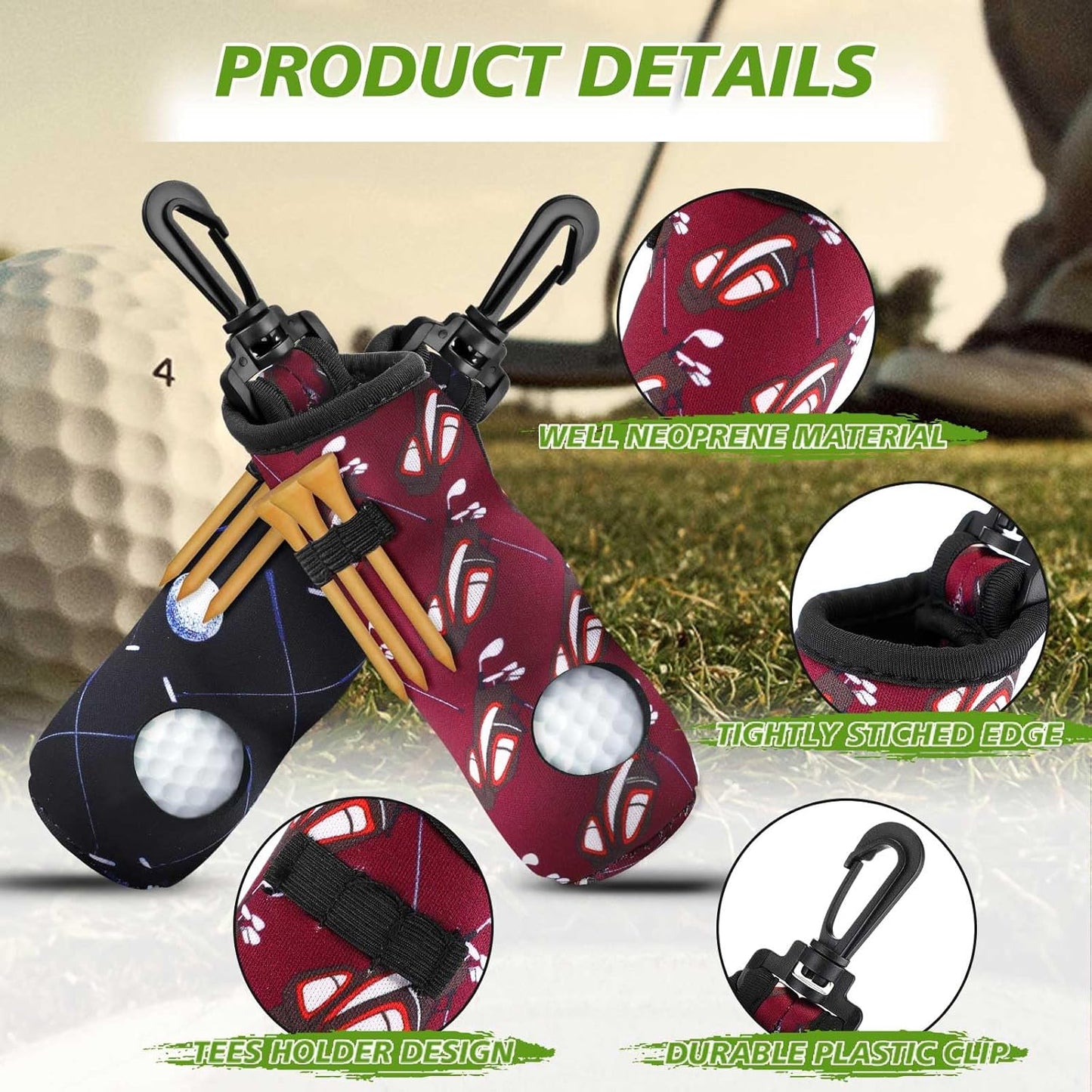 4 Pieces Golf Tee Holder Golf Ball Carry Bag Pouch Ball Holder Keychain Belt Clip Gifts Accessories