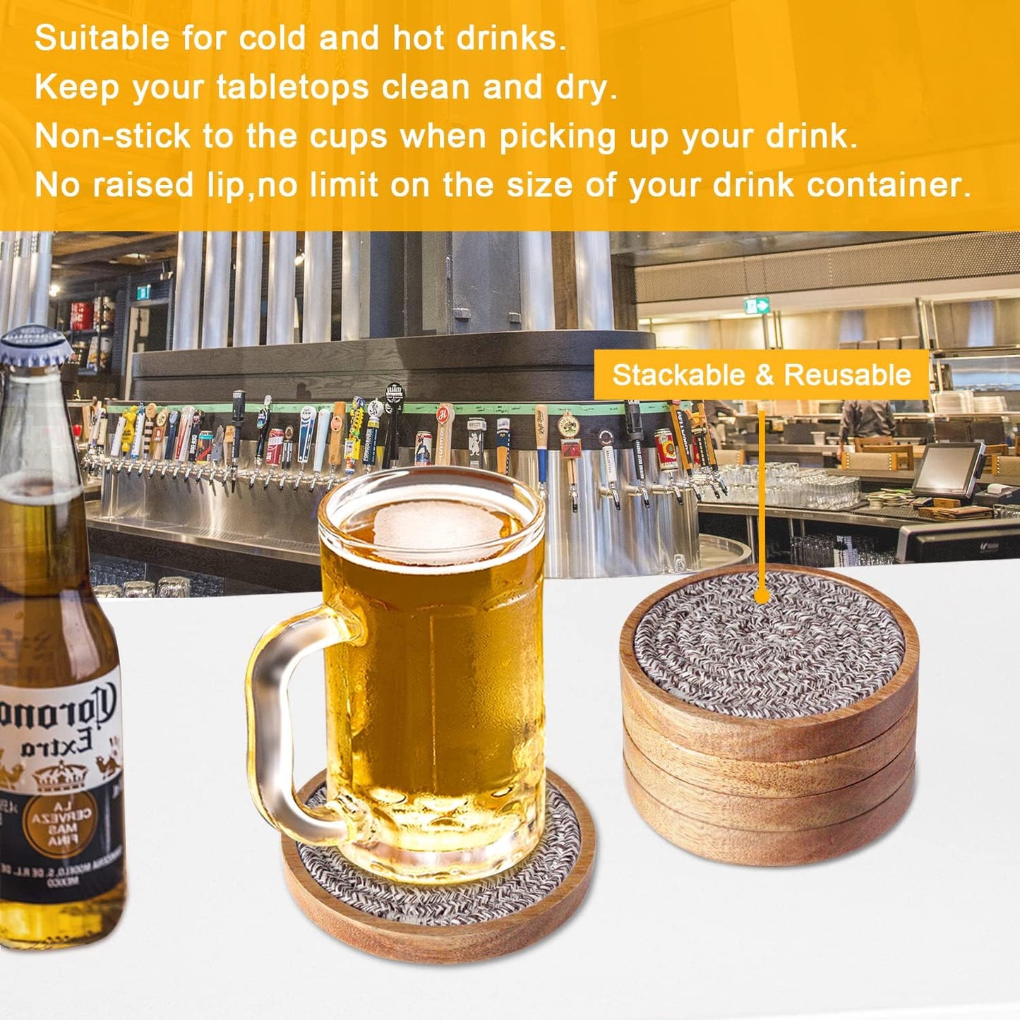 5 Pack Absorbent Coasters for Drinks, 4.3 Inches Cork for Coffee Tables, Wooden Drink Protection, Cute for Kitchen, Farmhouse, and Office (Dark Brown Series)