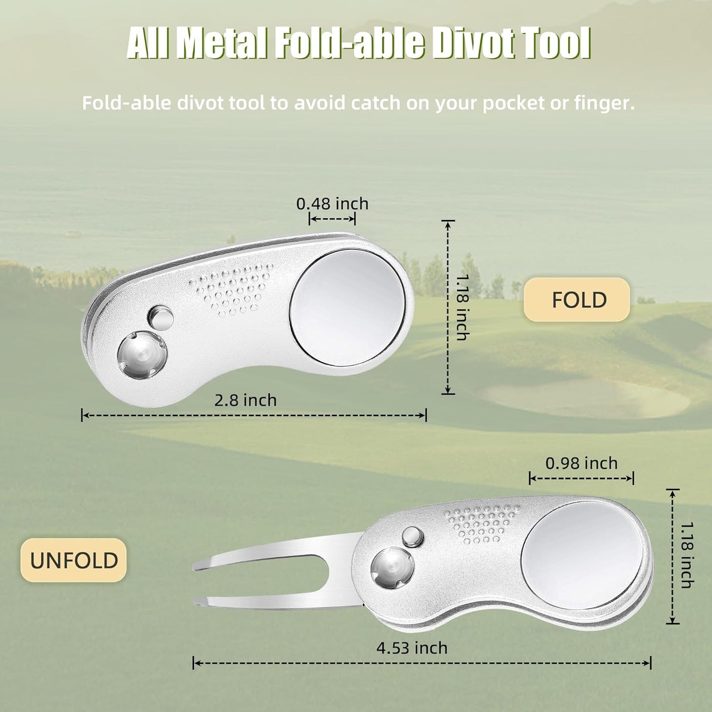 Mile High Life Golf Divot Repair Tool, All Metal Foldable Divot Tool with Pop-up Button & Magnetic Ball Marker