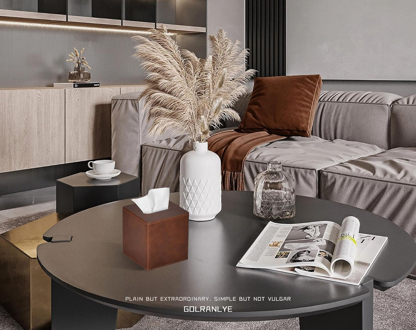 Tissue Box Cover Square PU Leather Facial Tissue Box Holder for Dresser Bathroom Decor (Brown)