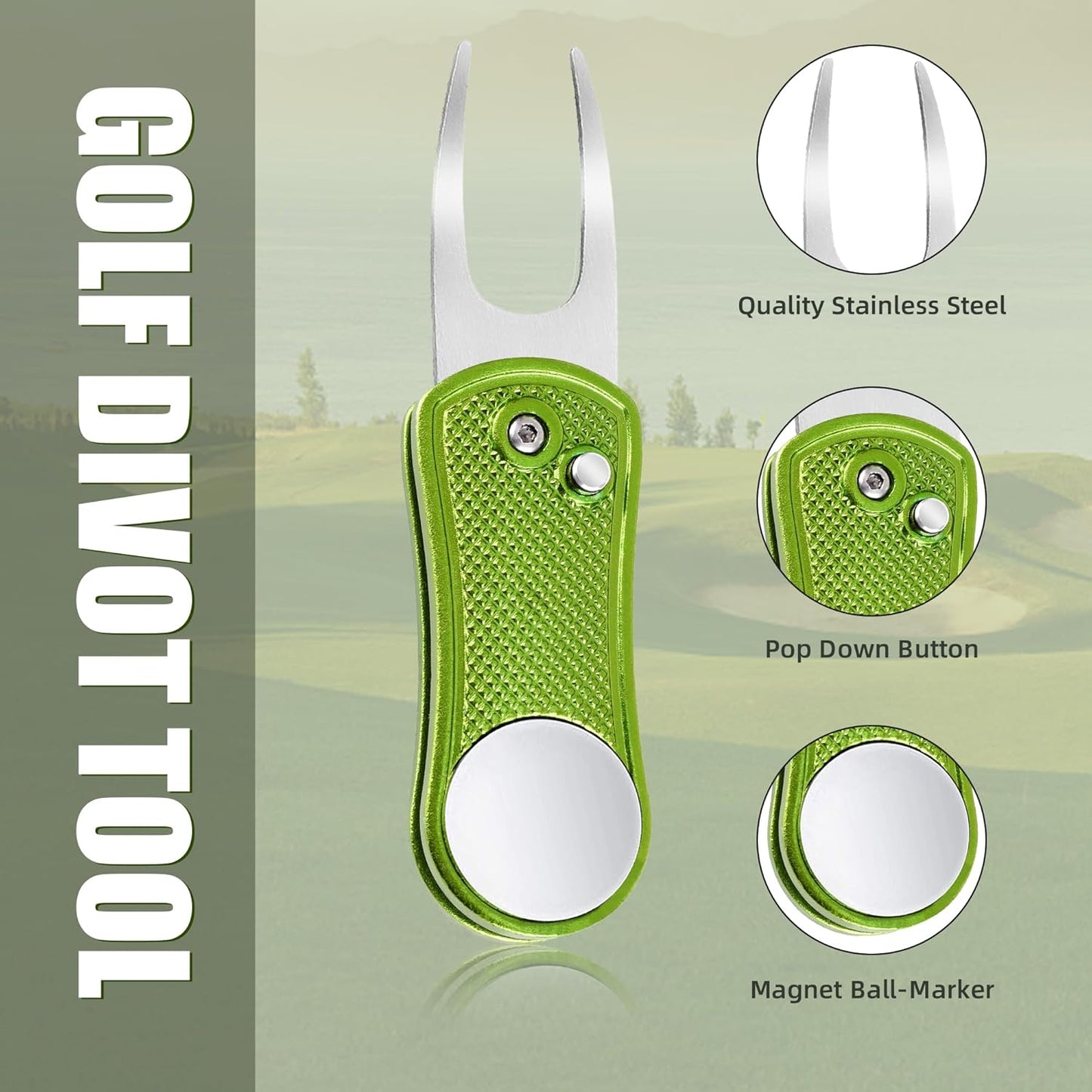 Mile High Life Golf Divot Repair Tool, All Metal Foldable Divot Tool with Pop-up Button & Magnetic Ball Marker