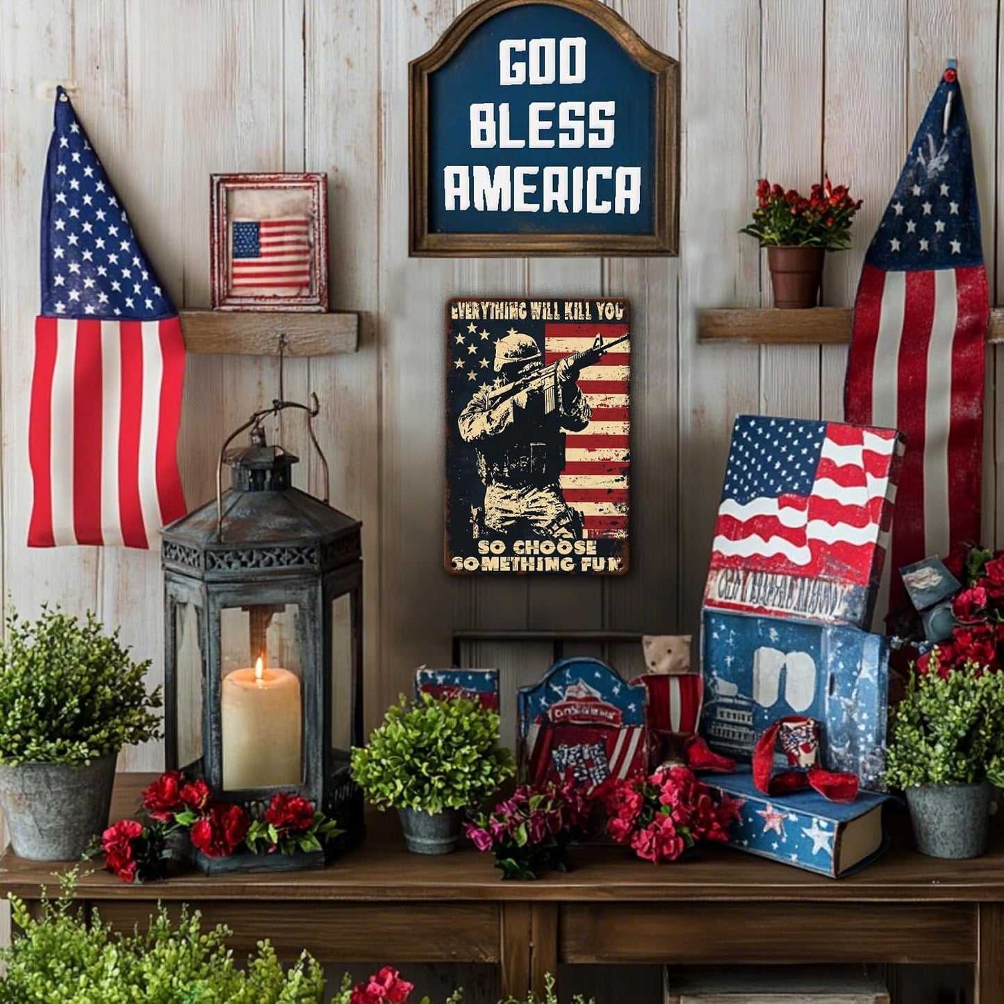 Memorial Day Metal Tin Sign U.S Army Everything Will Kill You So Choose Something Fun Aluminium Sign Veteran Metal Poster 12x8 Inch Home Kitchen Garage Man Cave Coffee Bar Wall Decor