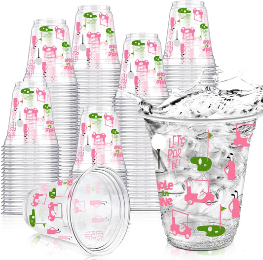 100 Pcs Masters Golf Ball Party Supplies Bulk Clear Plastic Cups 12oz Disposable Let's Par-tee for Home Sports Golf Themed Birthday Bachelor Party Supplies Favors (Pink)