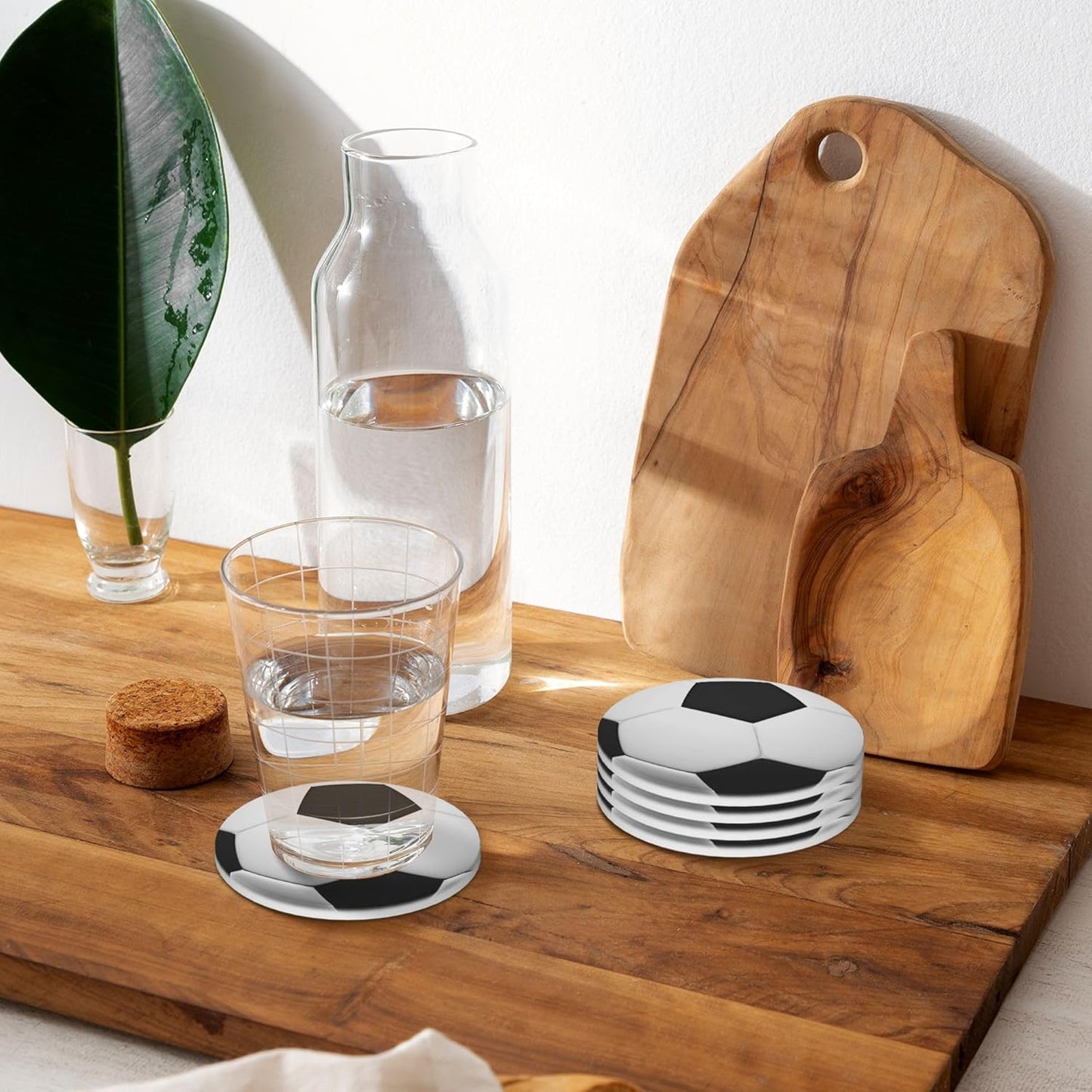 Soccer Ball Coasters for Drinks Set of 4, Absorbent Ceramic Drink Coasters for Coffee Table Wooden Table Cup Bar, 4 Inches