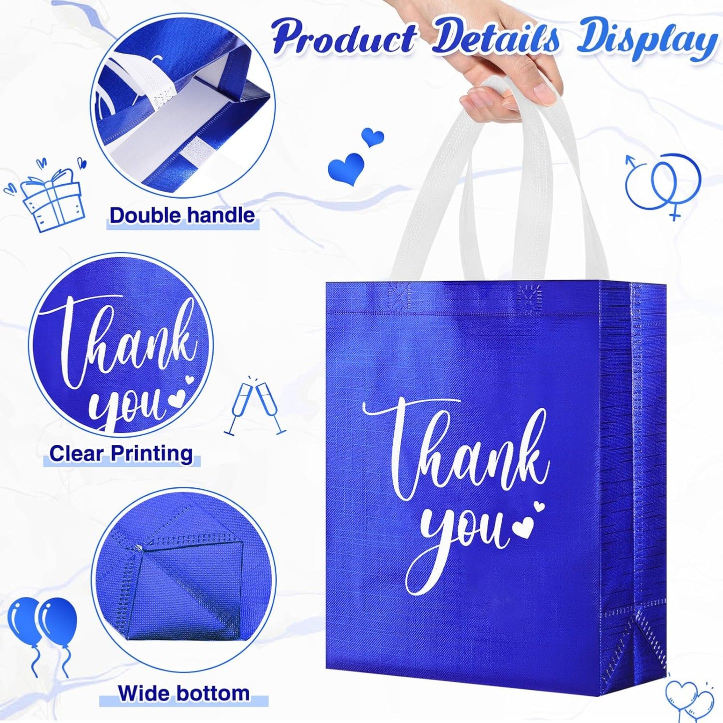 Sweetude 30 Pcs Thank You Gift Bags with Handles Bulk Reusable Goodie Bag Non Woven Foldable Handbag for Graduation Wedding Bridesmaid Gifts(10 x 8 x 4 Inch,Royal Blue)