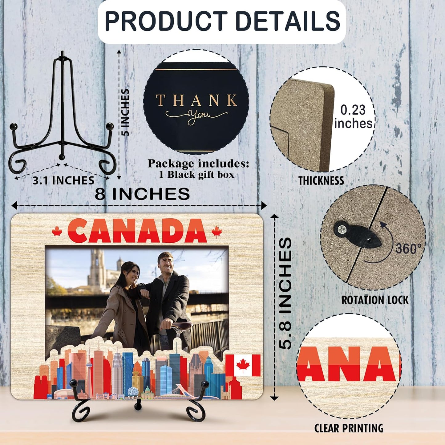 Canada Travel Picture Frame, 5 x 8 Canada Themed Wooden Photo Frame with Stand, Vacation Anniversary Honeymoon Gifts For Friend Family Couples, Home Office Desk Decorations-A05