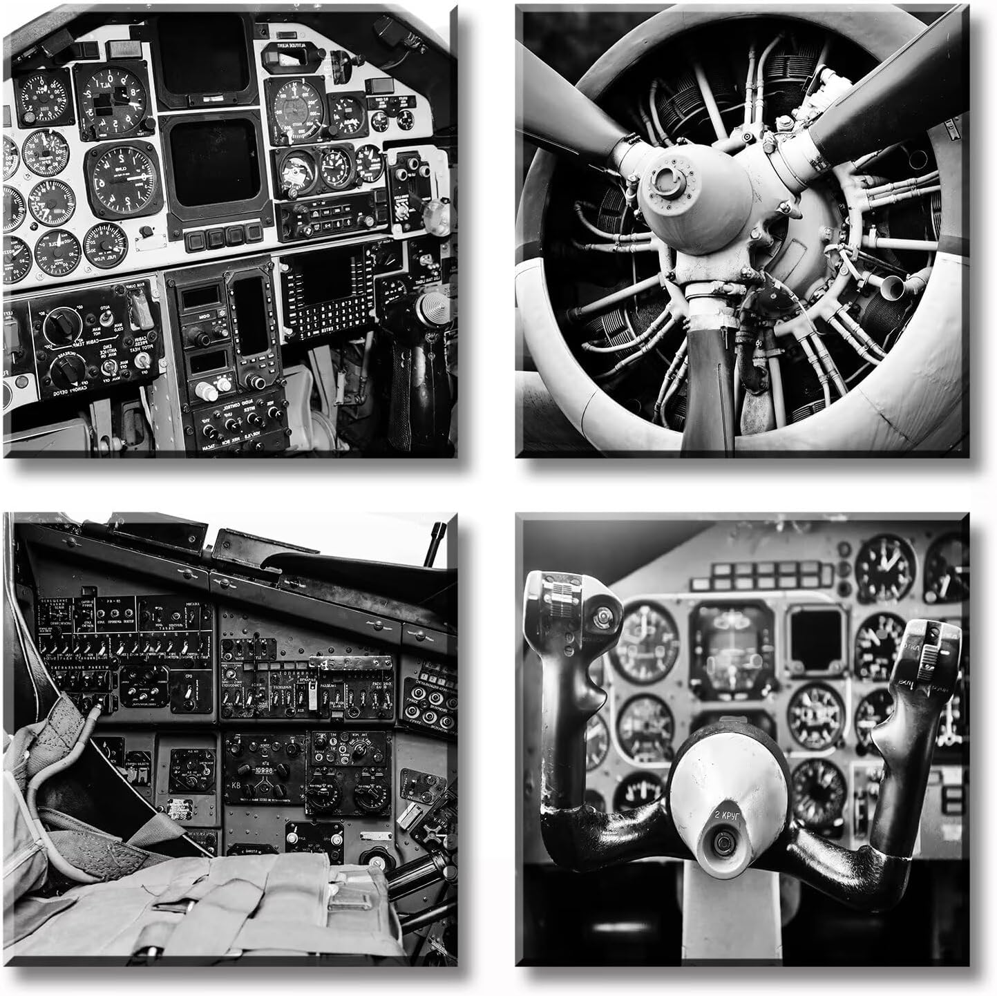DJSYLIFE Vintage Airplane Wall Art - 4-Panel Black and White Canvas Print Poster, Propeller Plane Close-Up Decor for Office, Bedroom, Man Cave, Modern Home Decor, Ready to Hang 12"x12"x4