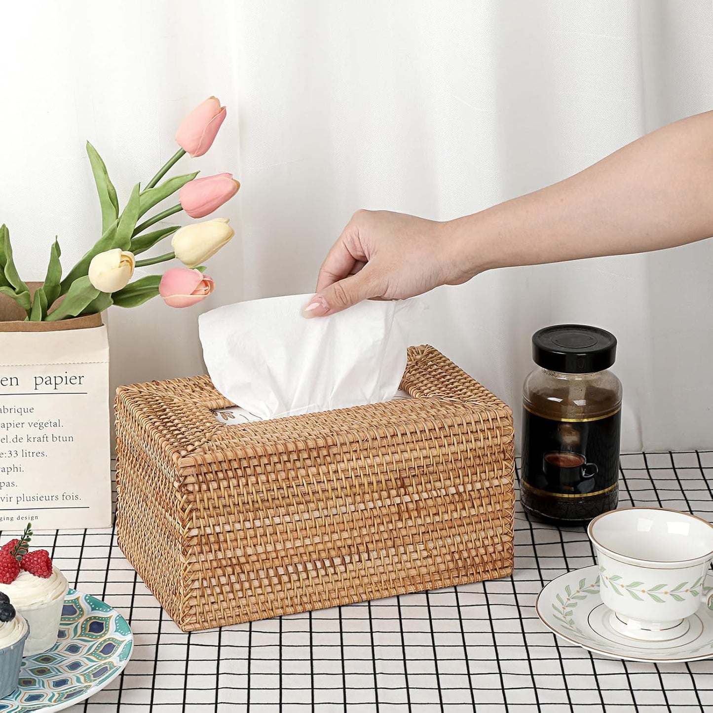 Sumnacon Tissue Box Cover Large Rectangle Tissue Box Rattan Tissue Box Holder,Wicker Decorative Tissue Holder for Bathroom Toilet Living Room Kitchen Office Table Desk,Yellow