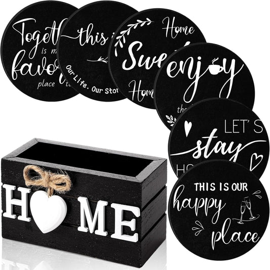 Queekay Housewarming Gifts for Home Decoration Wooden Heart Coasters for Drinks 6 Set Farmhouse Coasters with Holder Funny for Family Coffee Table Protection, 4''(Black)