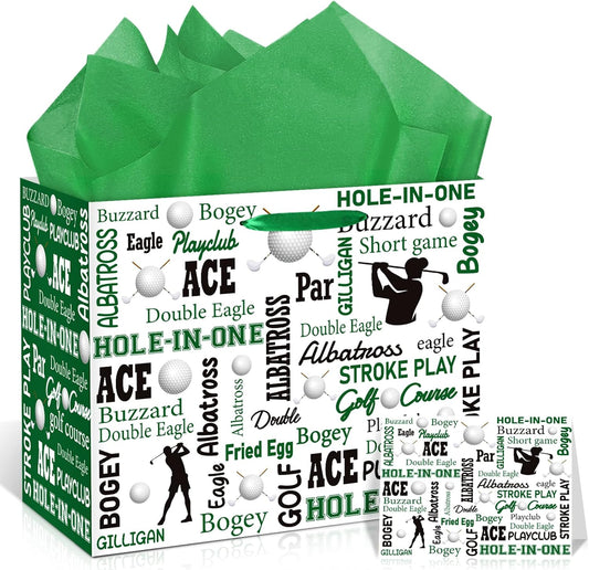 Golf Party Gift Bag, Large Golf Gift Wrap Bag with Tissue Paper Greeting Card Decorations for Sports Party Favors Golf Ball Themed Birthday Goodie Gifts Treat Wrapping Bags for Kids Men Team Supplies