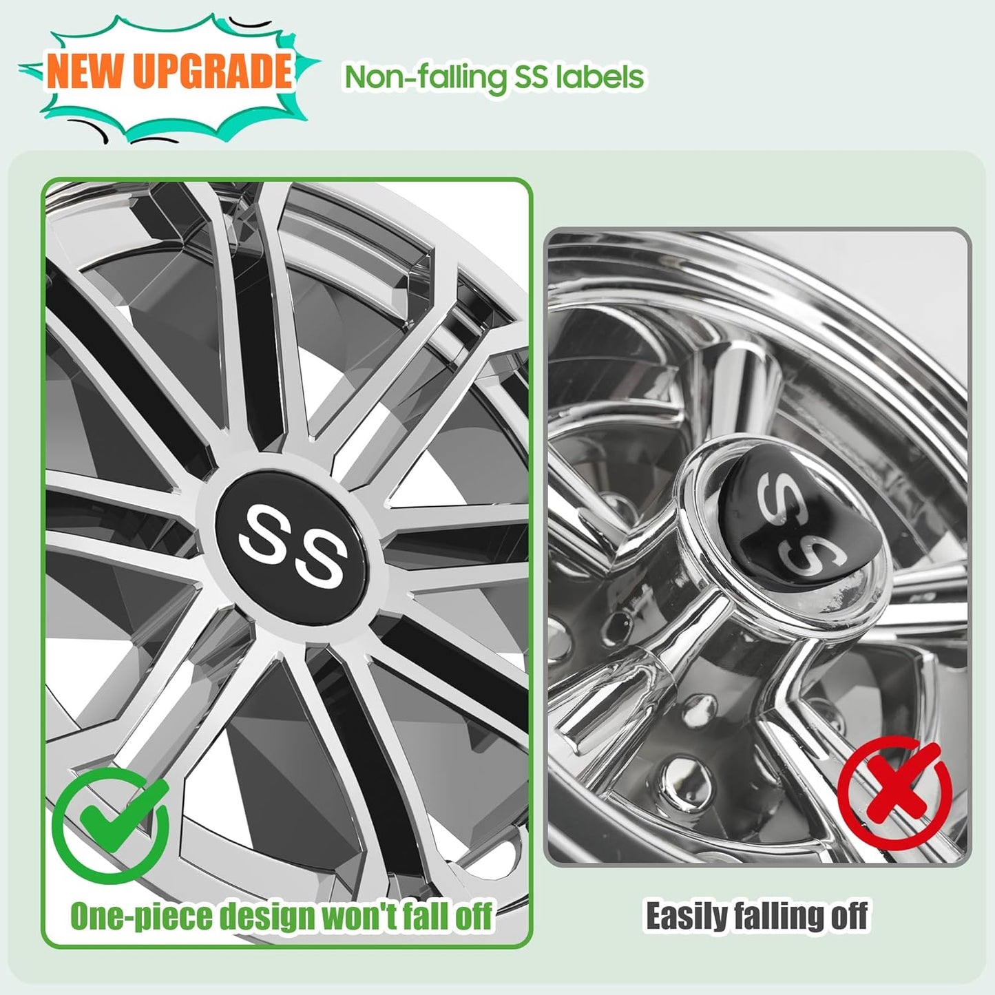 10L0L Golf Cart SS Wheel Covers Hub Caps for EZGO, Club Car, Yamaha - 8 Inch Snap-on Installation, New Chrome, Set of 4