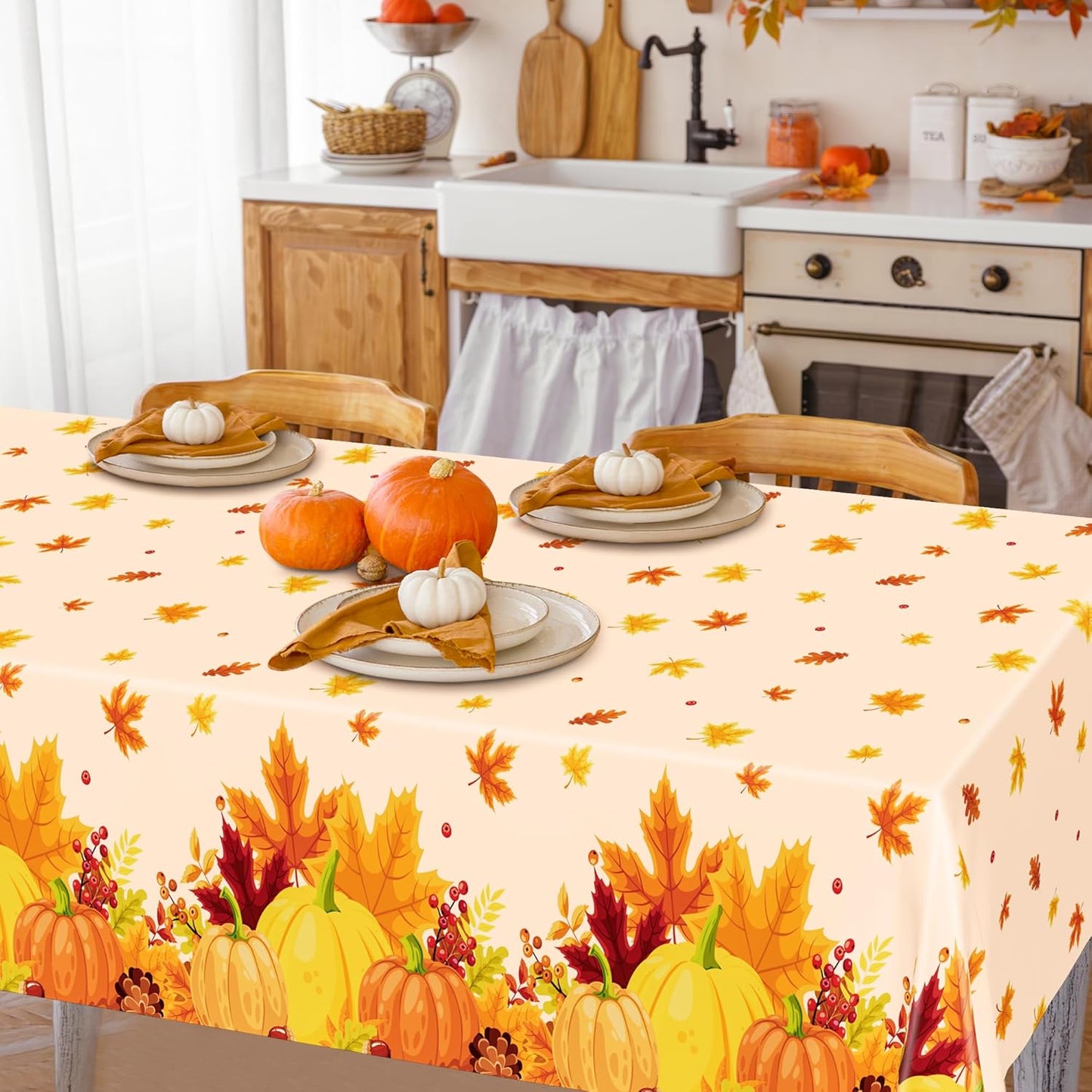 QZYL 2 Pack Thanksgiving Tablecloths, 54" x 108" Friendsgiving Plastic Tablecloth, Rectangle Disposable Tablecover Pumpkin Tablecloth, Thanksgiving Decorations Fall Table Decor Party Supplies