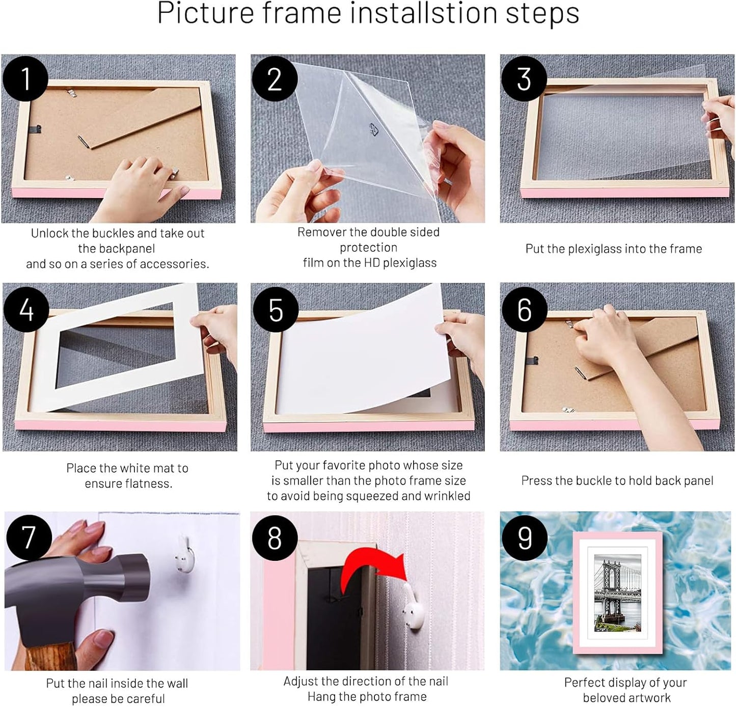 8x10 Solid Wood Picture Frames - 5x7 with Mat or 8x10 without Mat - Poster Photo Frame Art - Wall Mounting or Table Top (Pink)
