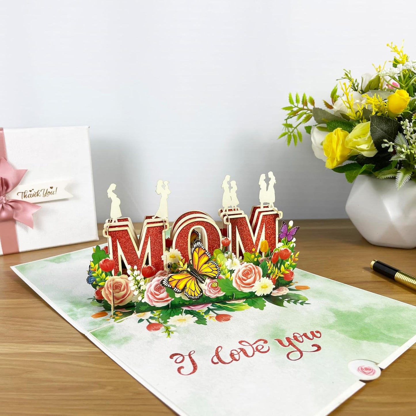 3D Popup Card for Mom - Handmade I Love You Card from Daughter - Floral Paper Art for Birthday, Mother’s Day, Christmas, Valentine’s - Unique Gift for Mom, Mama, Mother, Mommy