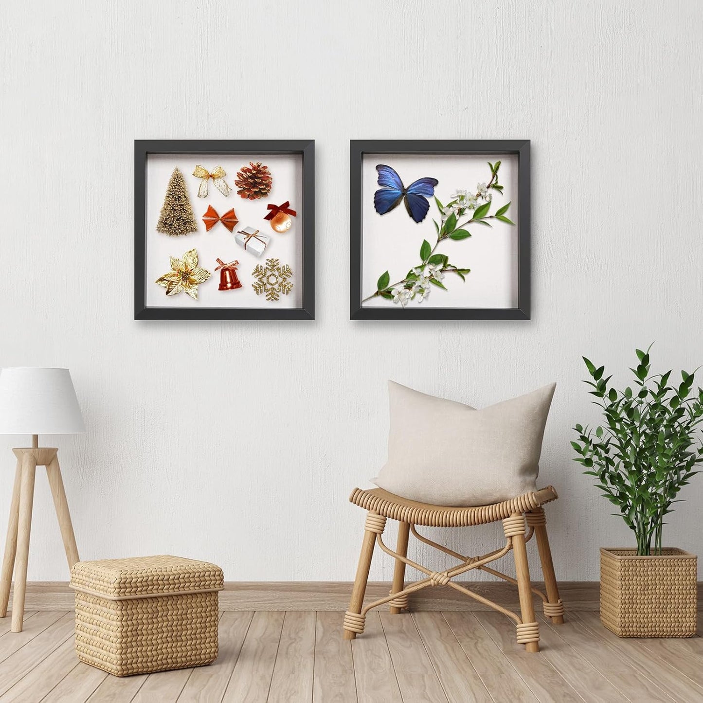 QDSSDECO 8"x8" Shadow Boxes Display Cases with Soft Linen Back Deep Wood Glass 3D Shadow Box Set for Wall and Tabletop, 3 Pack Black