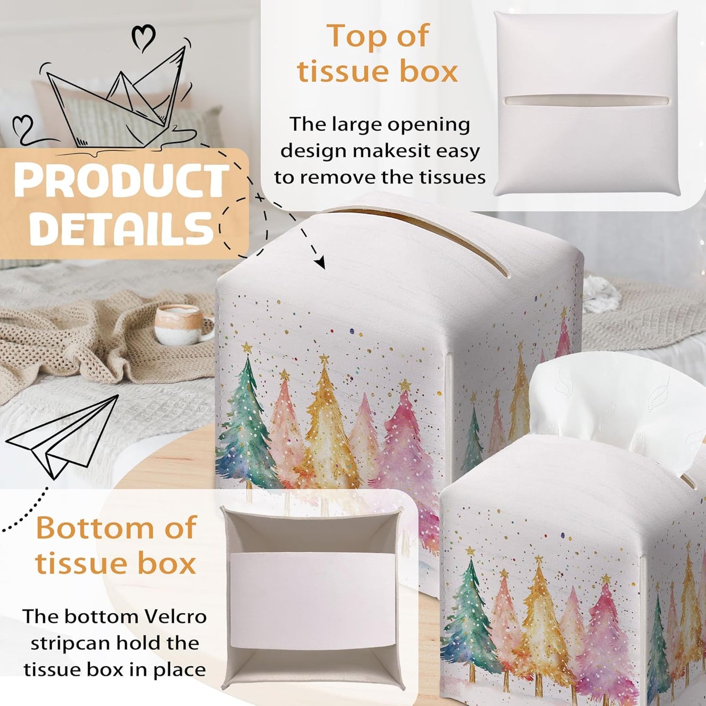 Christmas Tissue Box Holder, Colorful Christmas Tree Leather Tissue Box Cover Square, Paper Facial Decorative Tissues Cover for Night Stands Bathroom Kitchen Office Car Home Decor-B18