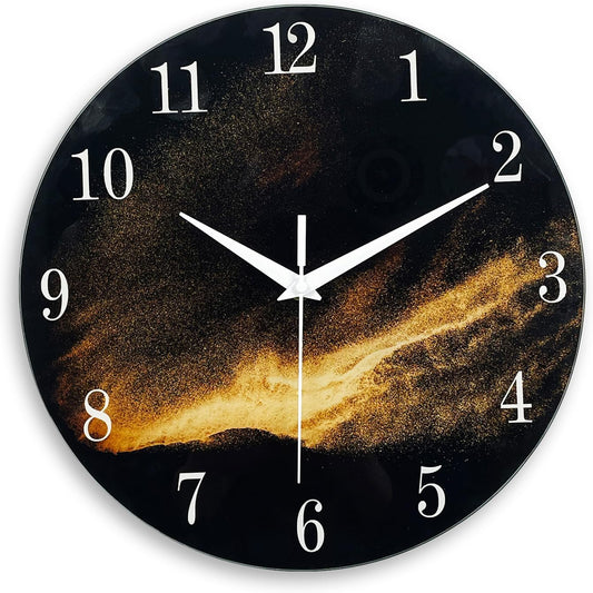 Black and Gold Modern Wall Clocks Battery Operated 12 Inch Silent Wall Clock Non Ticking Glass Wall Clock for Living Room