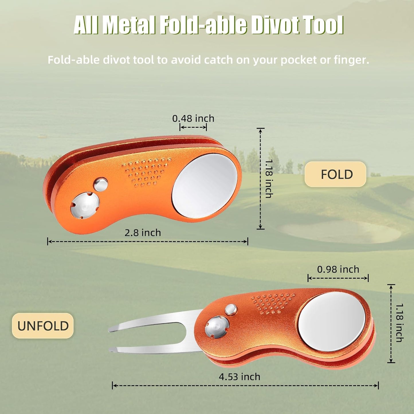 Mile High Life Golf Divot Repair Tool, All Metal Foldable Divot Tool with Pop-up Button & Magnetic Ball Marker