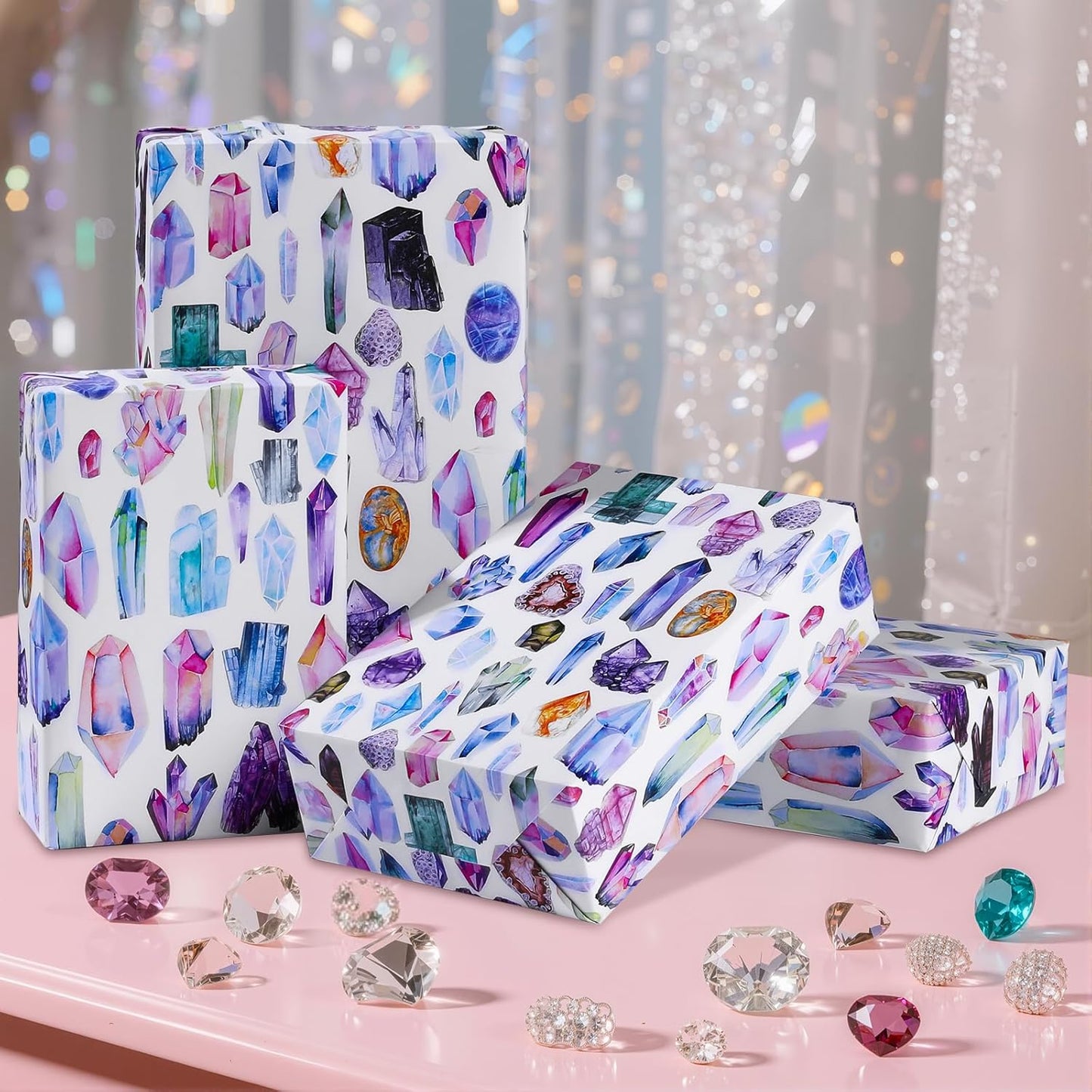 Gem Crystal Wrapping Paper Roll - 17Inch x16.4Feet - Watercolor Multicolor Precious Stone Design Gift Wrap for Birthdays,Holidays,Celebrations