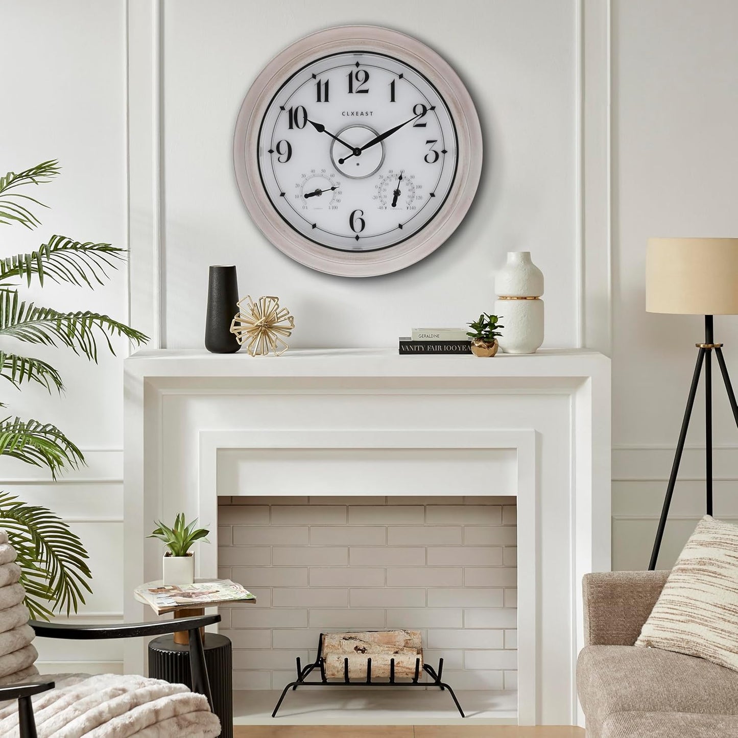 CLXEAST 18 Inch Illuminated Outdoor Clock with AI Smart Sensor, Large Farmhouse Wall Clock with Temperature & Humidity,Weathered White Finish,Unique House Warming Gifts
