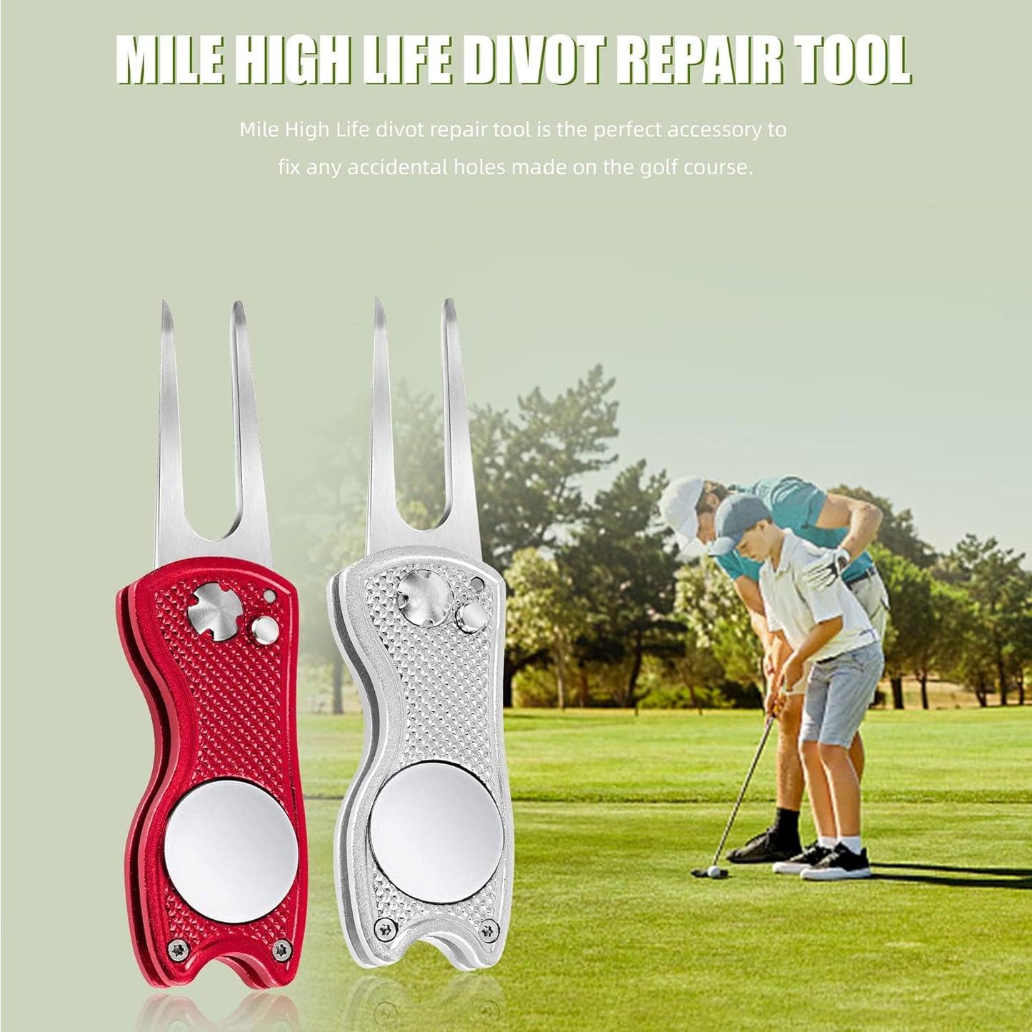 Mile High Life Golf Divot Repair Tool, All Metal Foldable Divot Tool with Pop-up Button & Magnetic Ball Marker, 2-6 Pack
