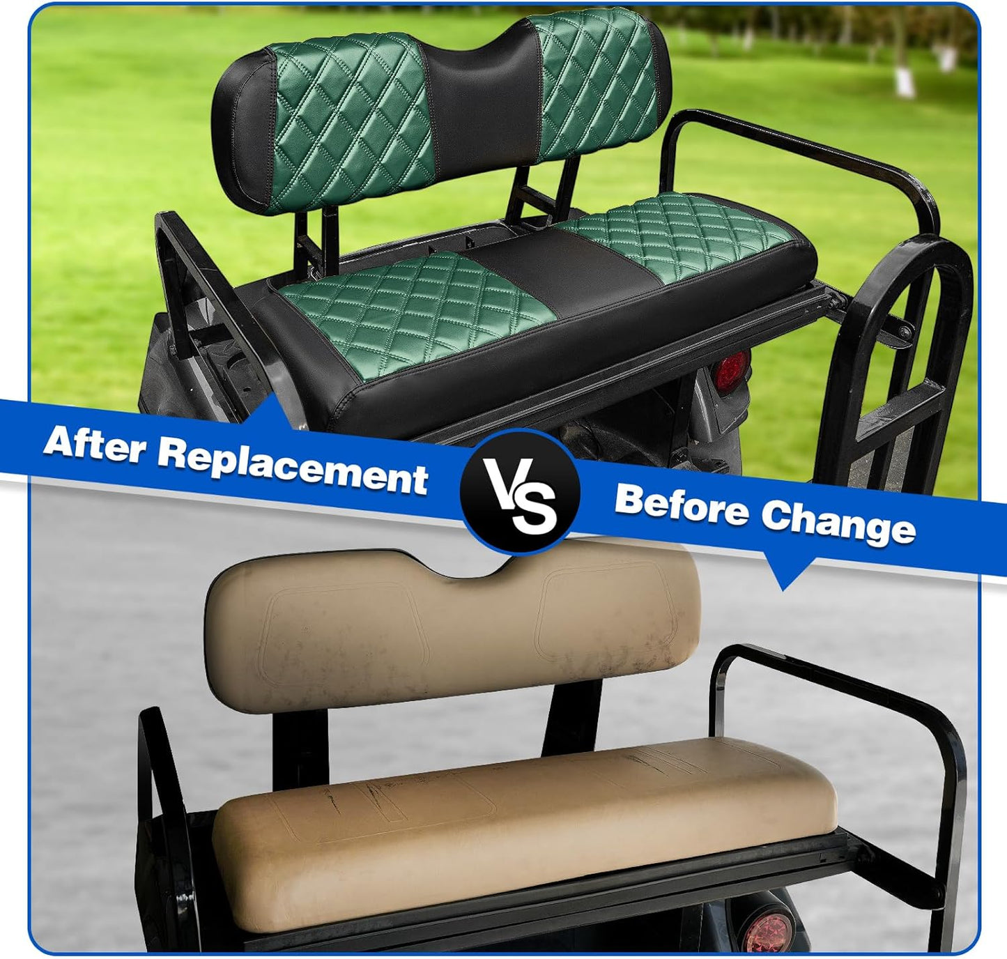 NOKINS Golf Cart Seat Covers Fit Club Car Precedent/DS/EZGO RXV/TXT/Yamaha Drive Aftermarket Standard Rear Seat Cushion, No Stapler, Multiple Colors&Breathable (Dark Green&Black)