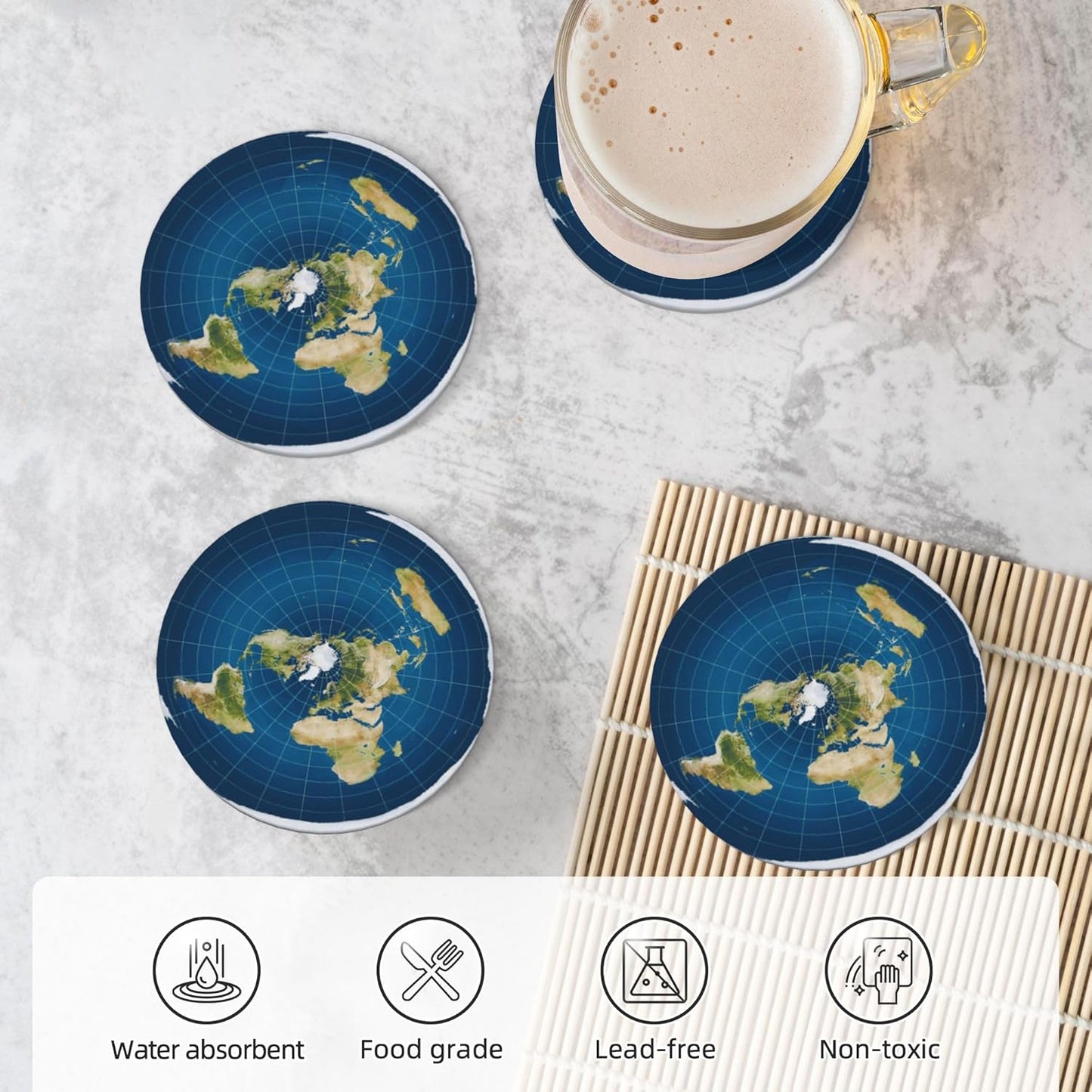 Flat Earth Map Model Coasters for Drinks Set of 4, Absorbent Ceramic Drink Coasters for Coffee Table Wooden Table Cup Bar, 4 Inches