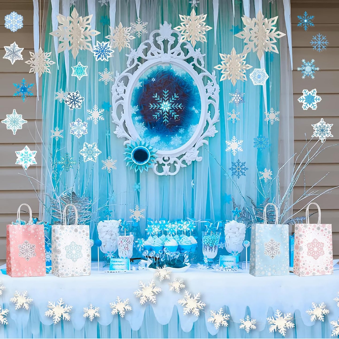 CZWXOXO 24 Pieces Snowflake Party Favors Bags Bulk with Handles Winter Frozen Reusable Paper Gift Bags Winter Treat Goodie Candy Bags for Snowflake Christmas Birthday Holiday Party Supplies