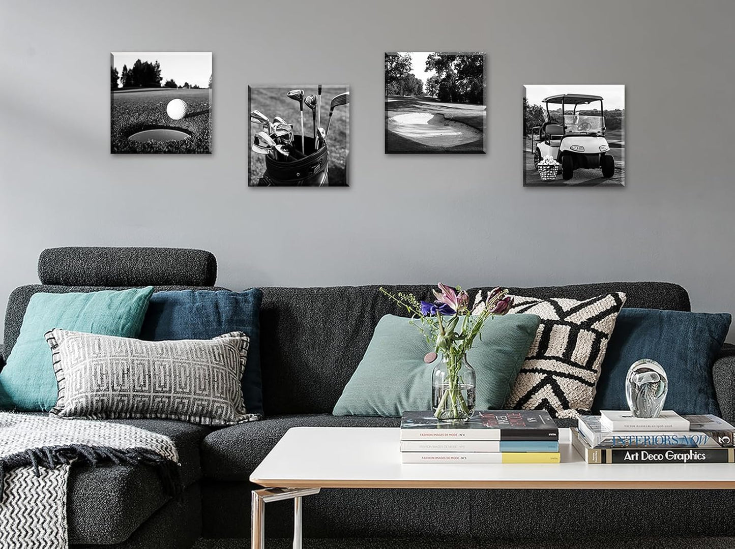 DJSYLIFE Golf Decor Golf Course Wall Art - Sport Poster Black and White Canvas Prints Picture for Modern Home Office Men Bedroom Decoration Stretched and Framed Ready to Hang 12"X12"X4