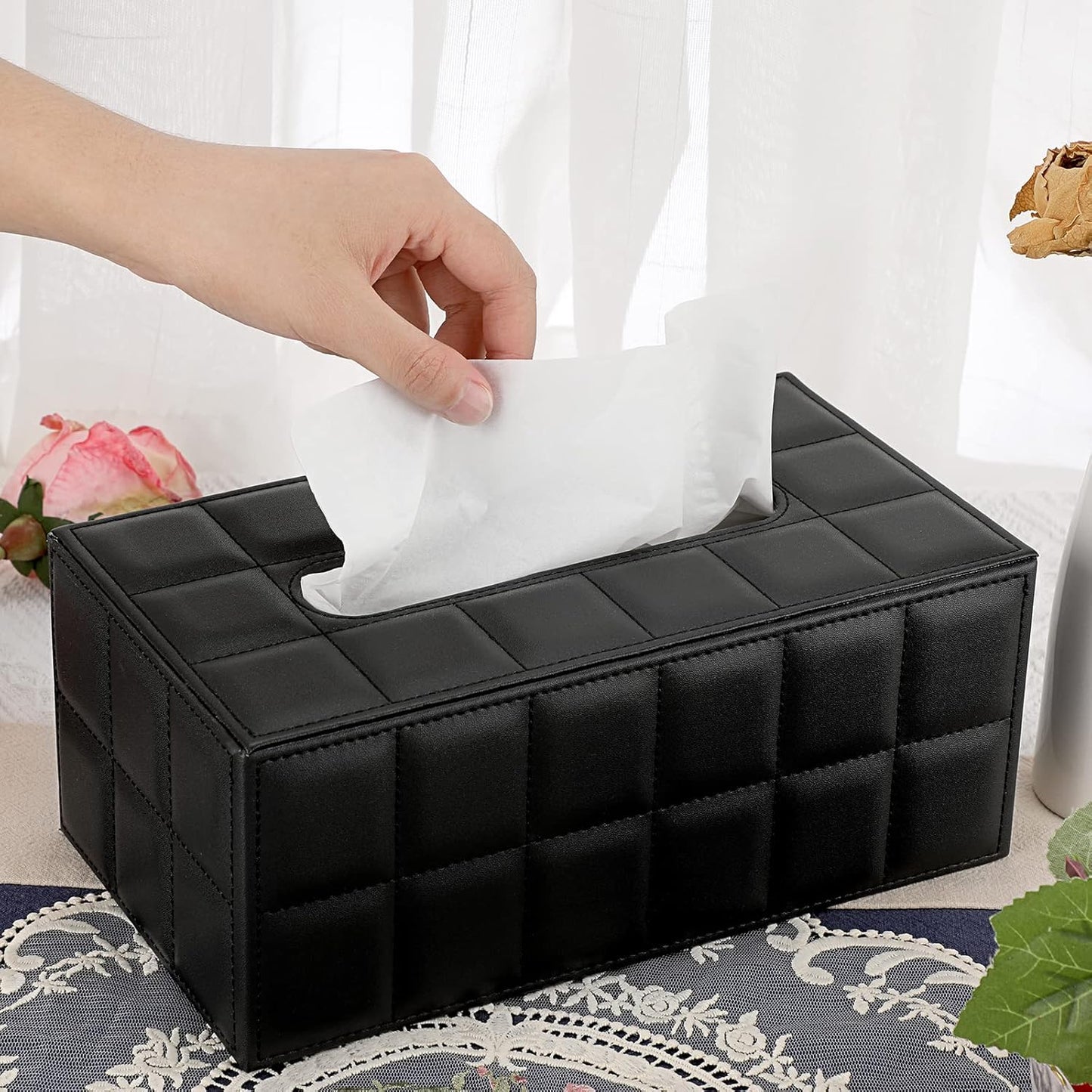 Sumnacon Rectangular Leather Tissue Box Cover - Stylish Tissue Box Holder with Magnetic Bottom, Decorative PU Tissue Box for Vanity Dresser Night Stand Table Countertop Home Office Car,Grid Black