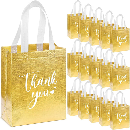 Sweetude 30 Pcs Thank You Gift Bags with Handles Bulk Reusable Goodie Bag Non Woven Foldable Handbag for Graduation Wedding Bridesmaid Gifts (10 x 8 x 4 Inch,Gold)