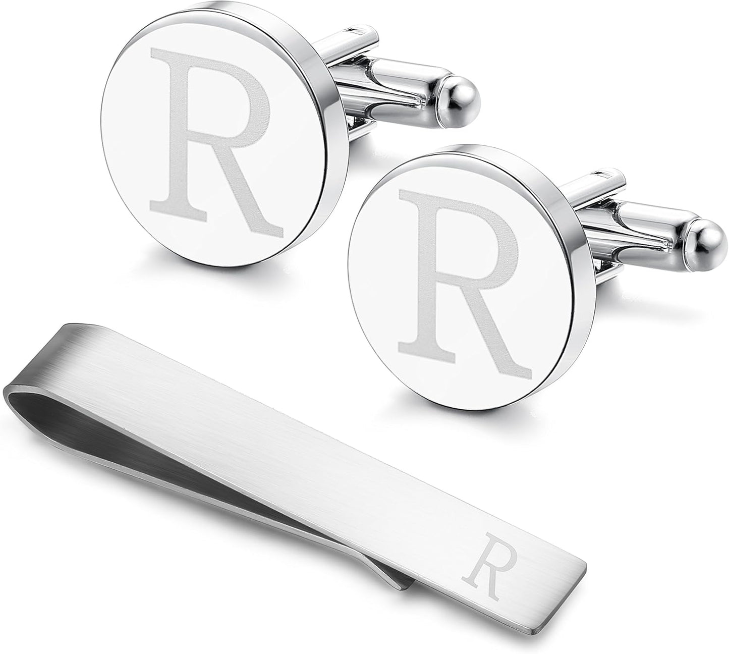 LOYALLOOK Stainless Steel Engraved Initial Cufflinks and Tie Clip Bar Set Alphabet Letter With Gift Box A-Z