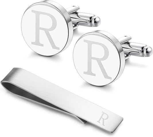 LOYALLOOK Stainless Steel Engraved Initial Cufflinks and Tie Clip Bar Set Alphabet Letter With Gift Box A-Z