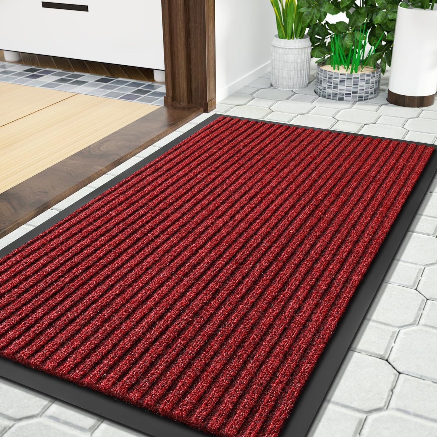 Yimobra Front Door Mat Outdoor Indoor Entrance, 100% Waterproof All-Season All Weather Doormat, Welcome Matt Outside Entry, Non Slip, Low Profile, Heavy Duty Patio Porch Floor Mats,36 x 17,Black Red