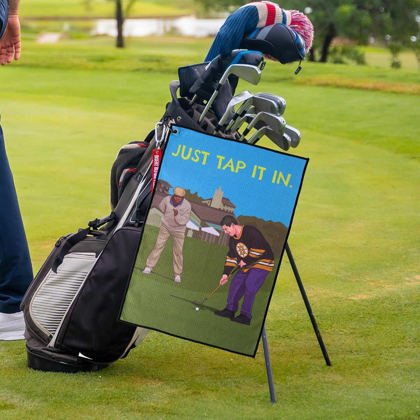 ZEETY Funny Golf Towel – 16" x 24" Premium Microfiber with Clip Holder for Golf Bags – Golf Accessories & Gifts for Men and Women (JUST TAP IT in)