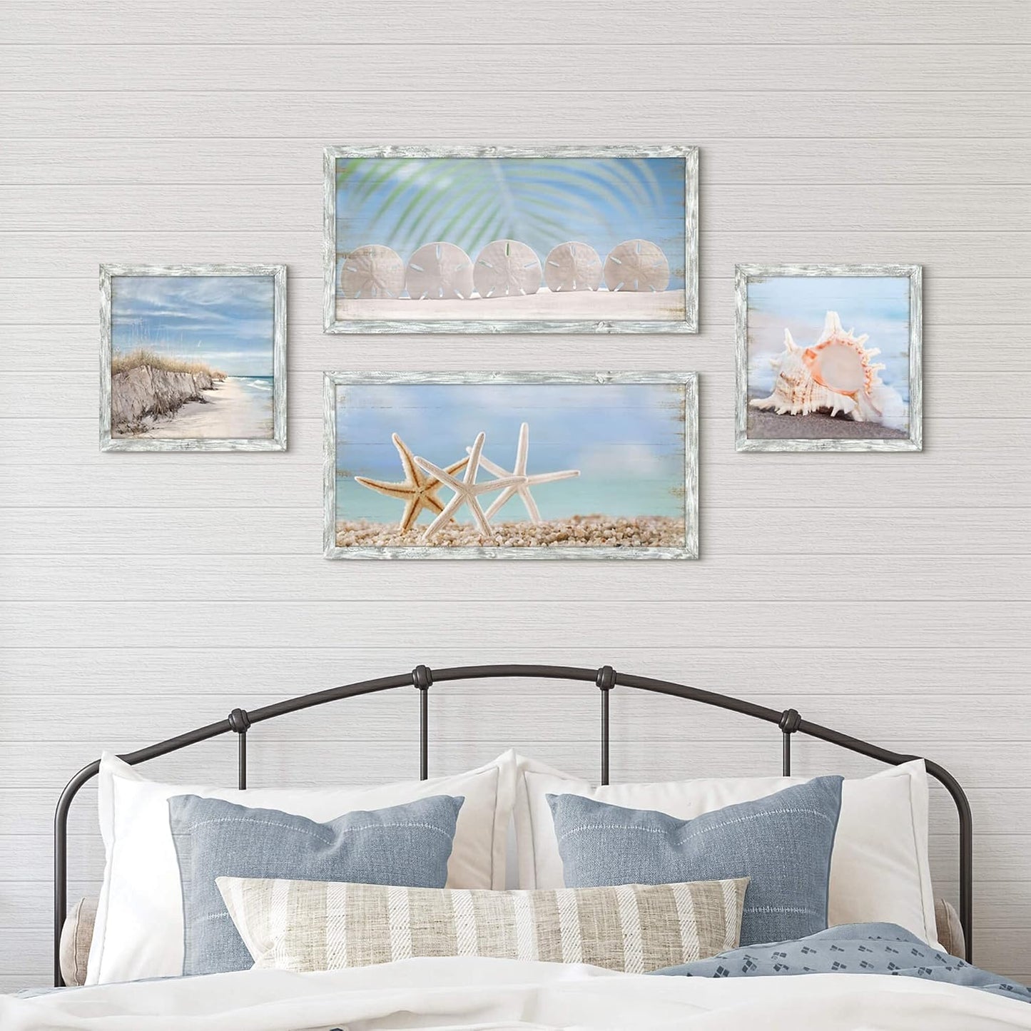 Starfish Prints Wooden Wall Art: Ocean Art Set of 4 Seashell Pictures Collection Beach Framed Wall Decor for Bedroom Overall 36"W x 24"H