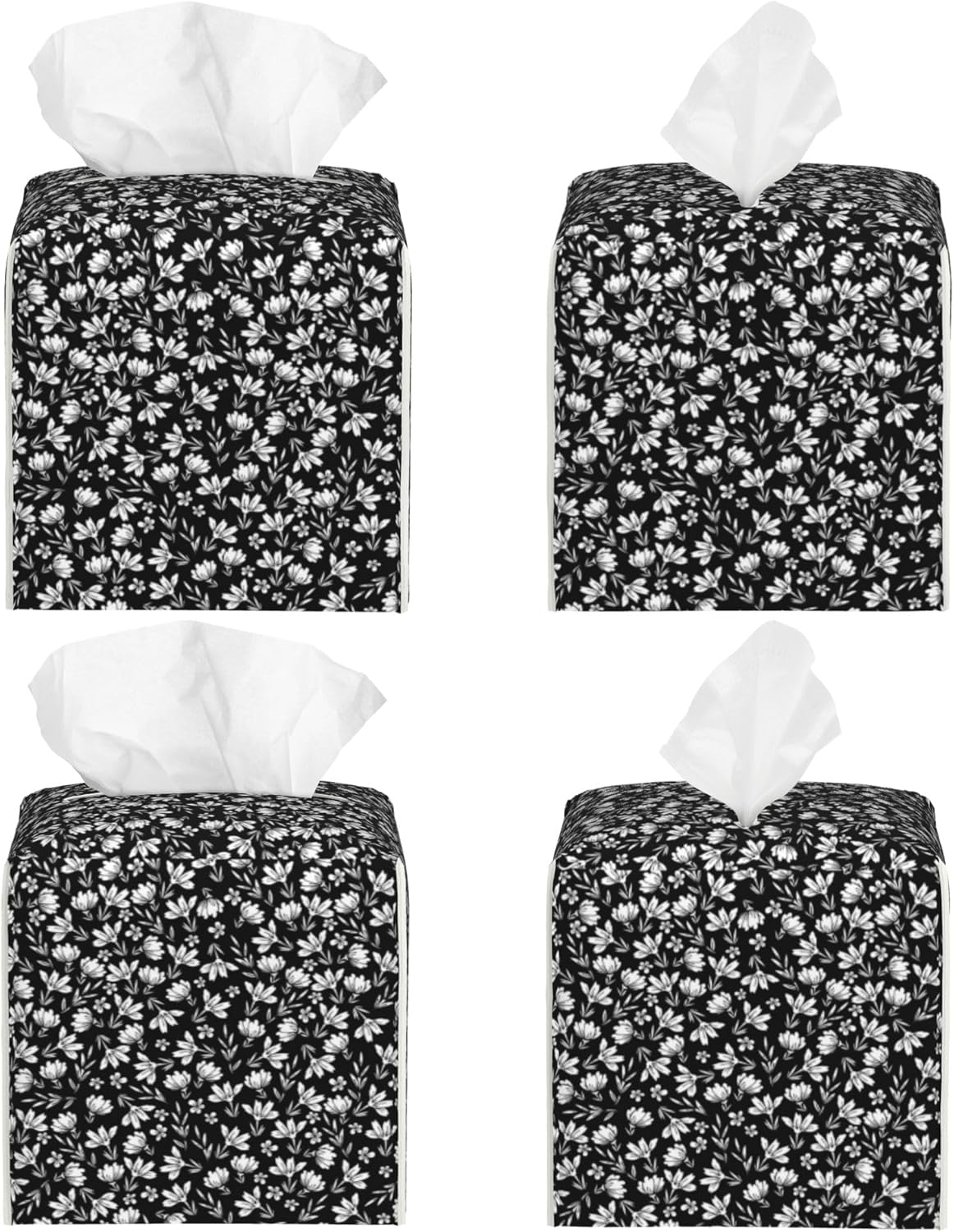 Leather Tissue Box Holder Black and White Flowers Tissue Box Cover Square Waterproof Tissue Holder Organizer Modern Napkin Holder for Bedroom Dresser Night Stand Office Desk