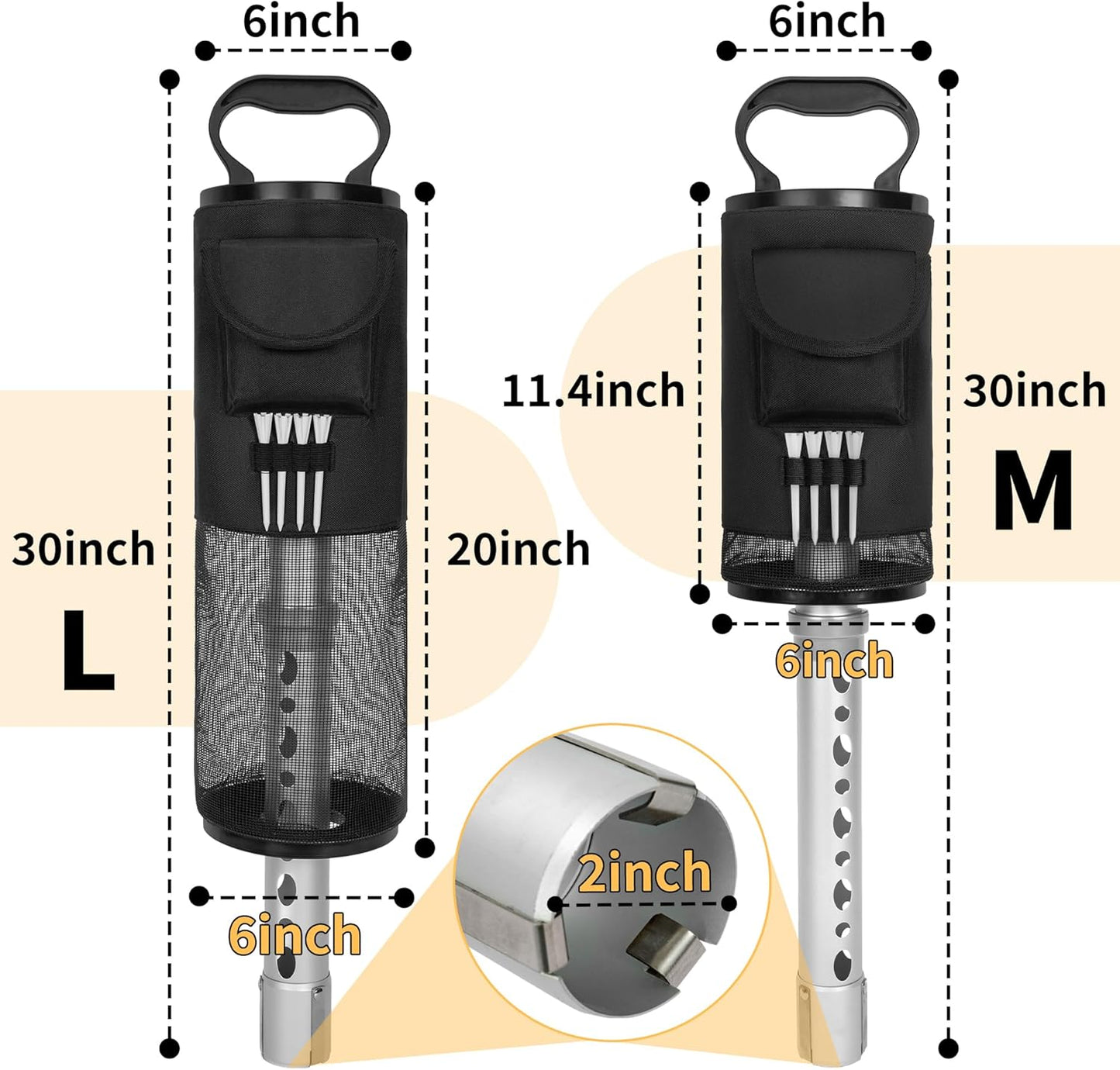 AKOZLIN Golf Ball Retriever Portable Shag Bag Golf Ball Pick Up Collector with Detachable Aluminum Tube Tee Holder, Pocket Shagger Storage