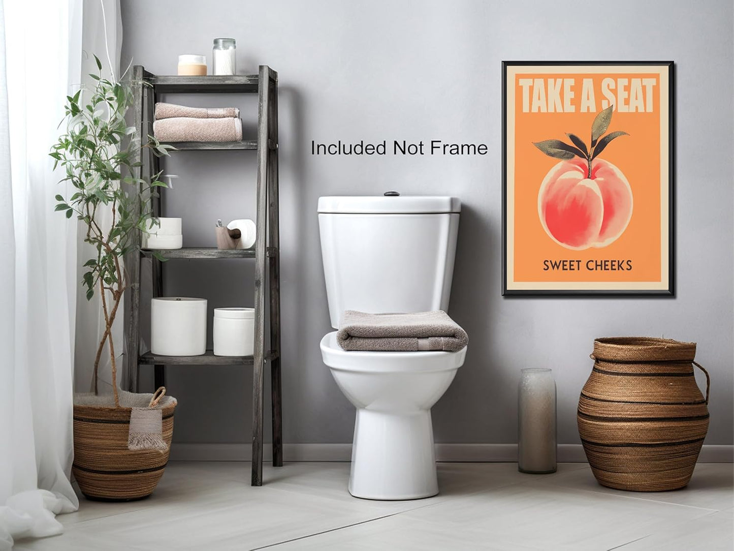 Take a Seat Sweet Cheeks Poster, Funny Bathroom Wall Art Peach Bum Art Canvas Print, Minimalist Preppy Orange Pink Wall Decor for Dorm Toilet 16x24in Unframed