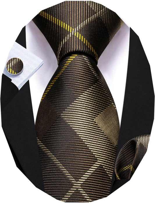 Barry.Wang Designer Classic Ties for Men Set Formal Pocket Square Cufflink Check Plaid