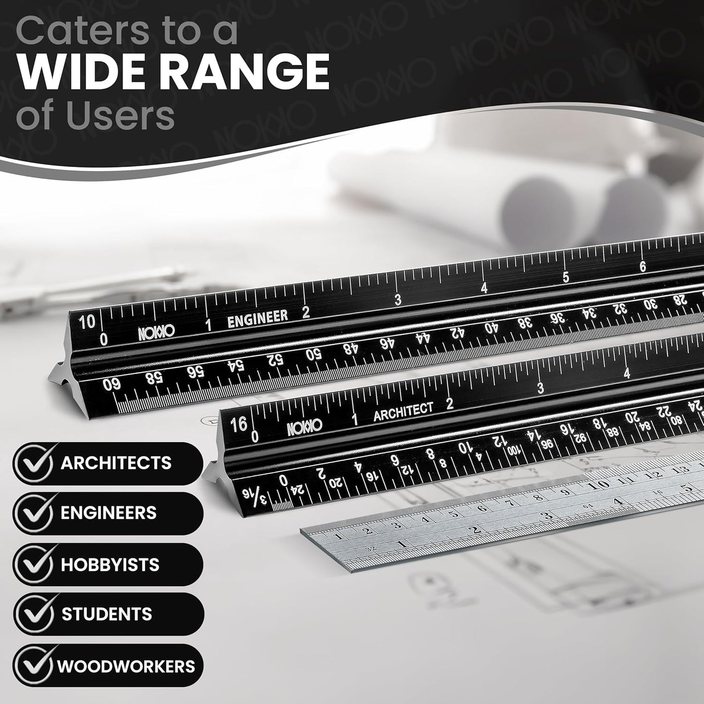NOKKO 12 Inch Architectural and Engineering Scale Ruler Set - Professional Architect and Engineer Scale Rulers for Drafting, Architects, Engineers, Construction, Students, Metal Ruler 12 Inch Included
