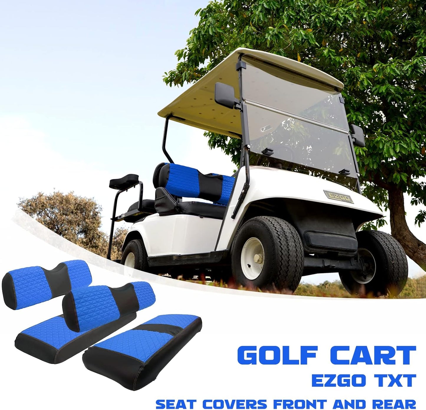 XUANYUDG0769 Golf Cart Front and Rear Seat Covers for EZGO TXT/RXV Club Car DS/Precedent Yamaha G29, Vinyl Leather Made/Adjustable Straps and Retractable Buckle/No Stapler Required,4PCS