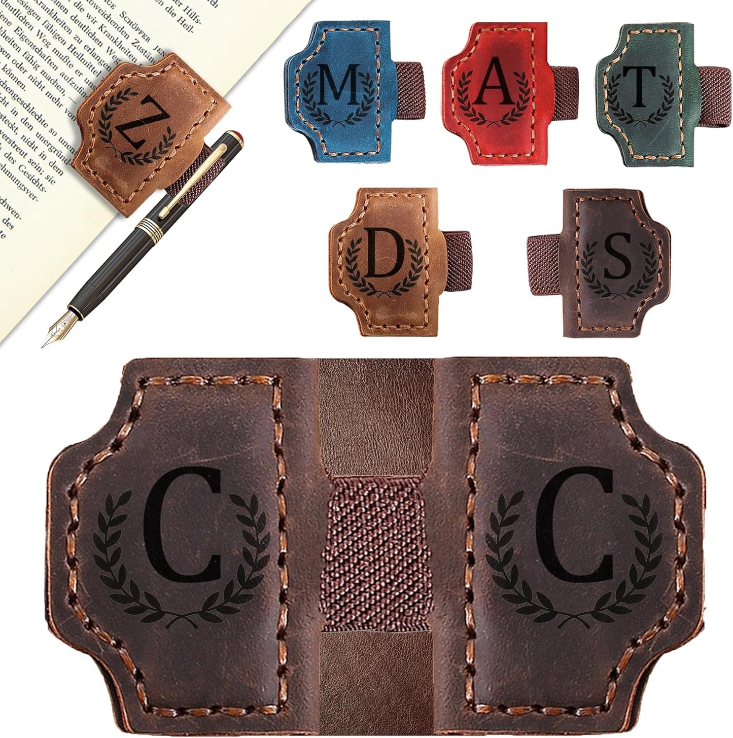 Bygone Mark Bookmark with Pen Holder, 26 Letters Name Initial Personalized Magnetic Bookmarks, Leather Book Mark for Men Women, Travelers Accessories, Teachers Readers Book Lovers Gifts (Coffee, C)