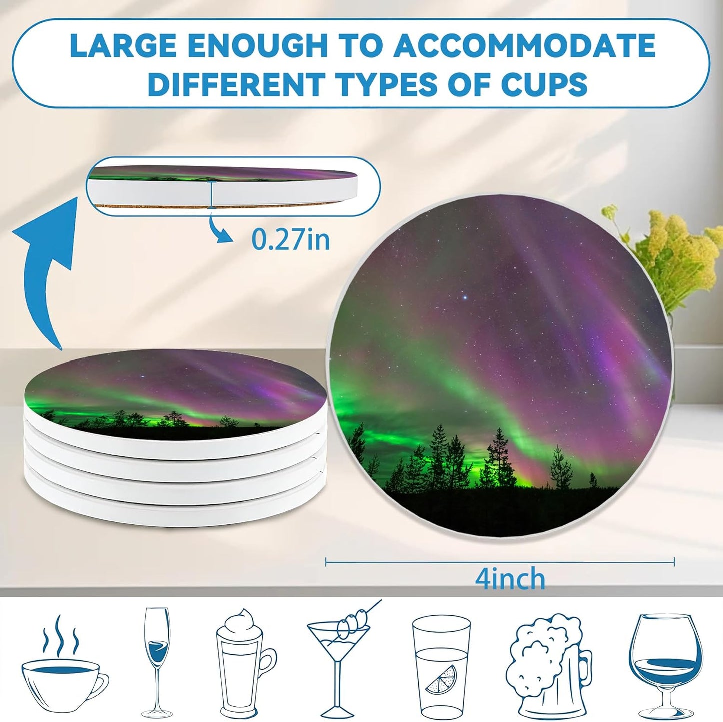 Drinks Coasters Set of 4, Aurora Round 4" Cup Coasters, Absorbent Ceramic Stone Coasters with Cork Base, Cute Coasters for Table Home Décor, Ideal Gifts for Women Men