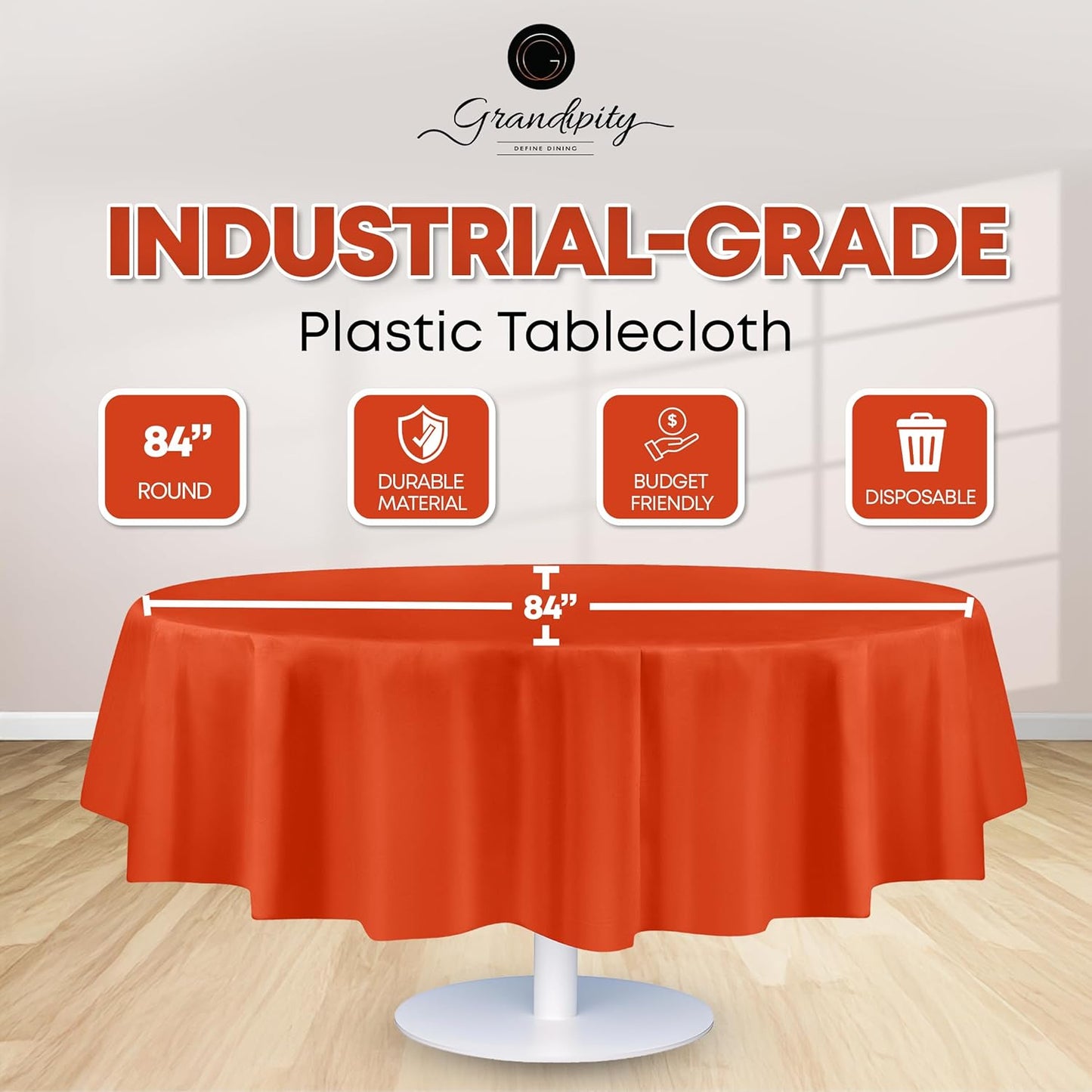 Grandipity 12 Pack Premium Disposable Plastic Tablecloth 84" Inch Decorative Round Table Cover - Orange