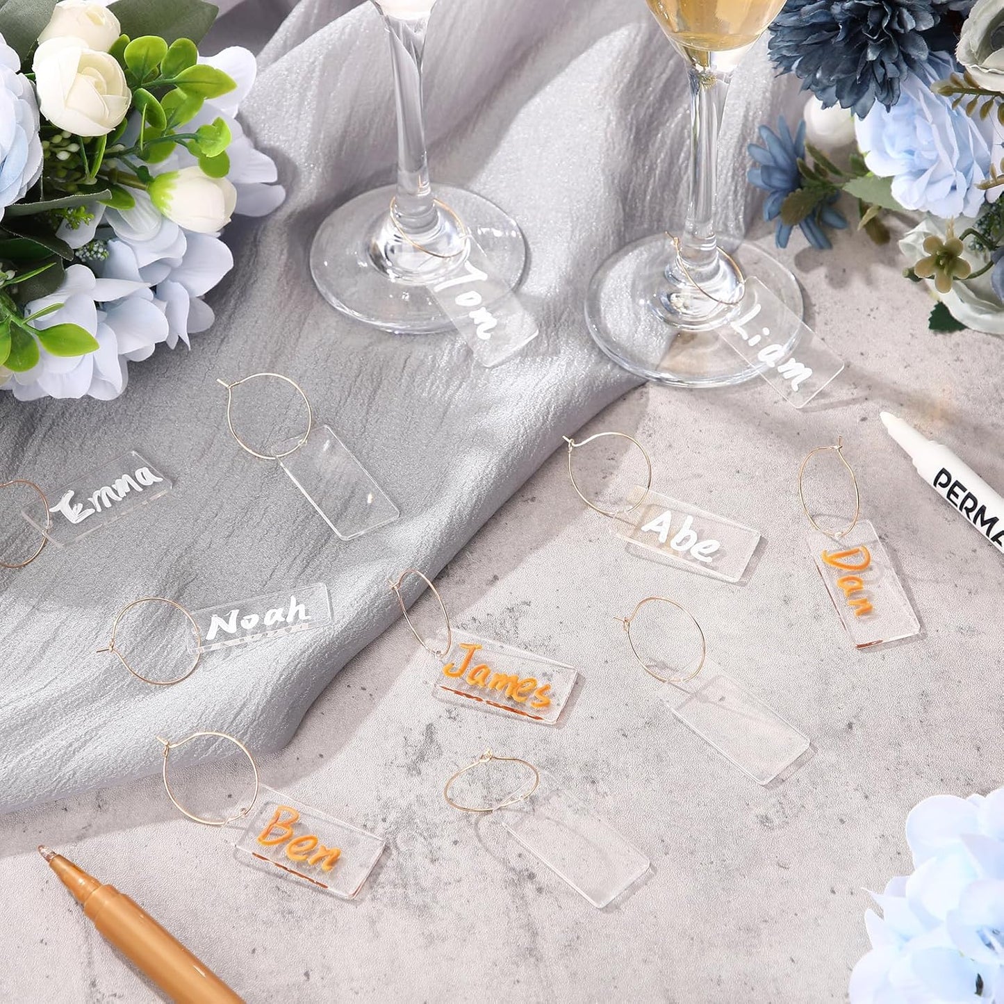 Tondiamo 40 Pcs DIY Wine Charms for Glasses Acrylic Wine Charms with Rings Tags Marker Pen Blank Glass Labels Bulk for Stem Cocktail Champagne Wedding Dinner Party Favor