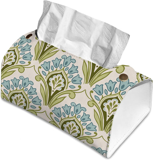Green and Blue Floral Tissue Box Cover Holder – Rectangular Tissue Organizer, Decorative Napkin Box Case for Home, Office & Car