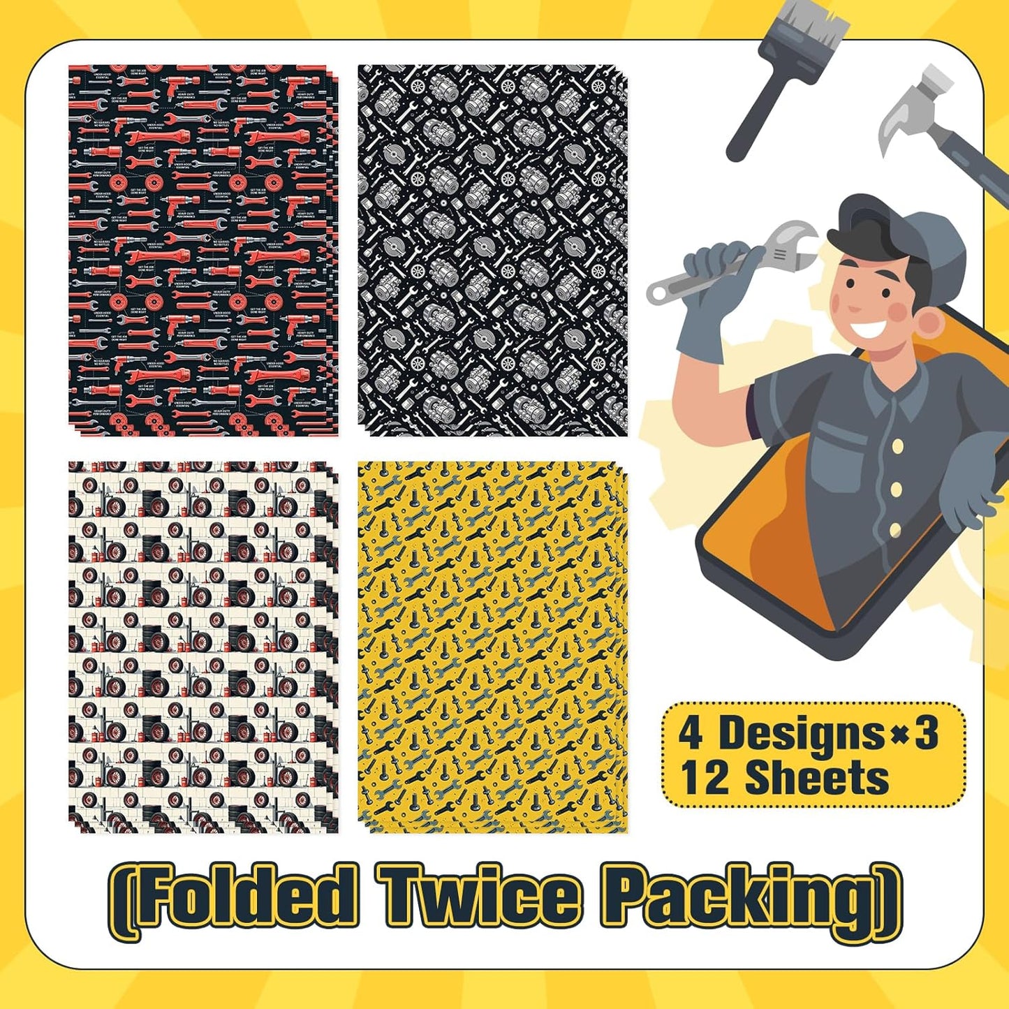 Pineraap Tools Wrapping Paper 12 Sheets Mechanic-Themed Designs Gift Wrap for Car Enthusiasts,Mechanics,DIYers,20"×28"
