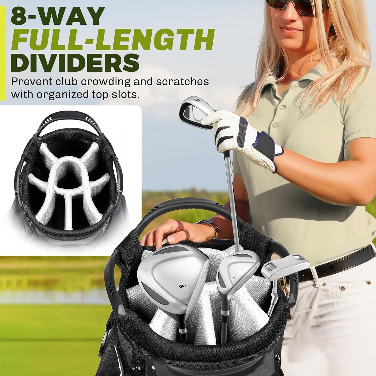 8-Way Golf Stand Bag, Lightweight Golf Bag with Dual Strap & Full-Length Dividers, Portable Golf Club Carry Bag with Multiple Pockets, Waterproof Rain Hood for Men Women